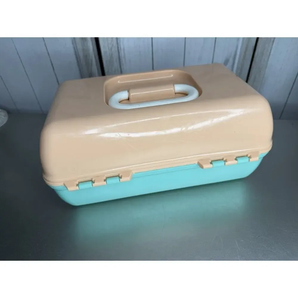 Vintage Y2K Caboodle Makeup Case USA Organizer Peach Teal Two Tier & Mirror